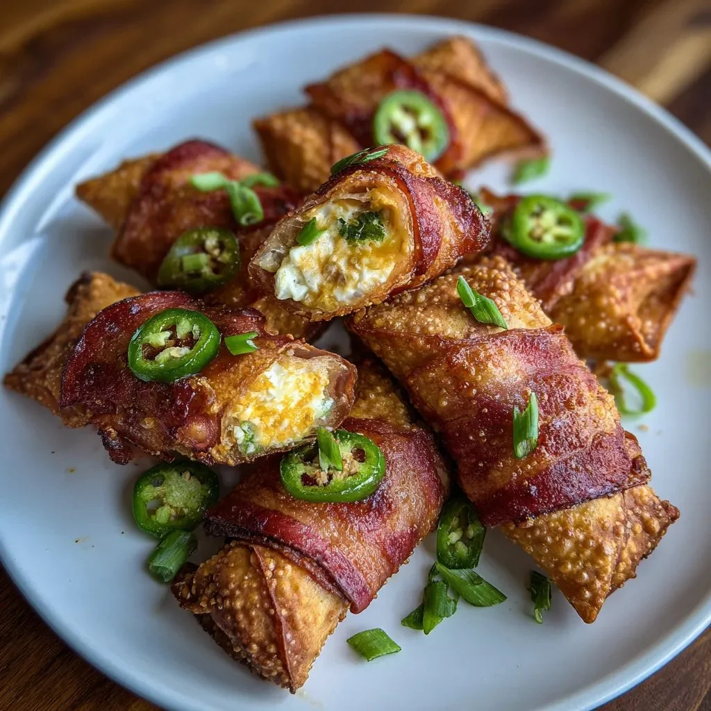 Bacon-wrapped jalapeño popper eggrolls served on a plate