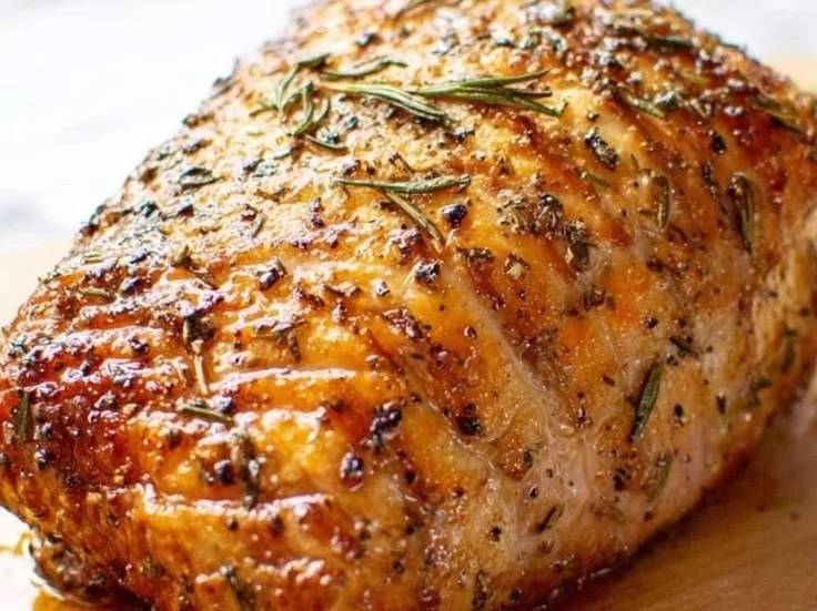Juicy boneless turkey roast garnished with fresh herbs on a cutting board