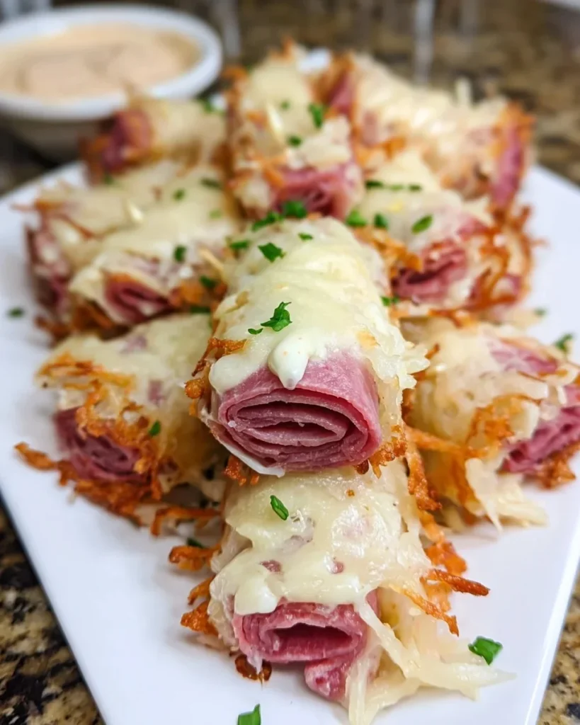 Keto Crispy Reuben Roll-Ups on a plate, showcasing the delicious low-carb snack.