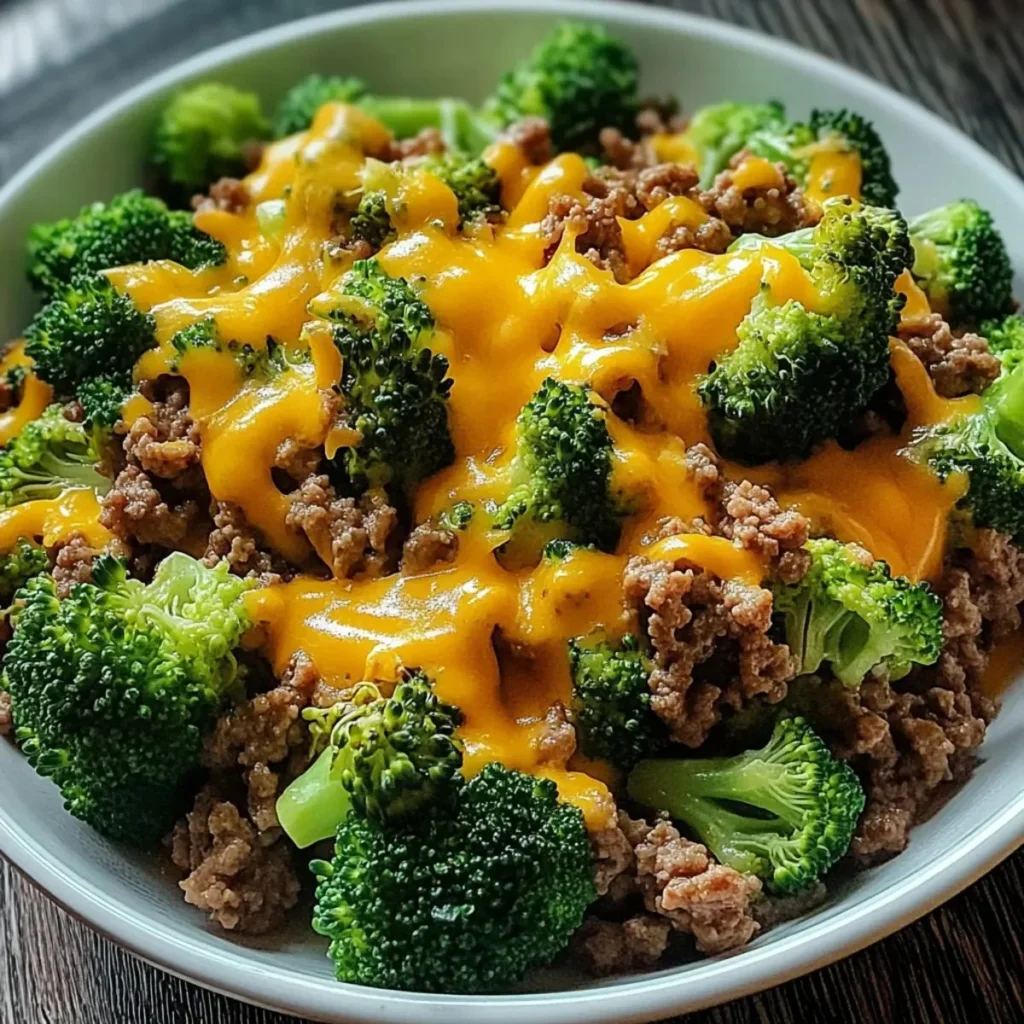 Keto Hamburger Broccoli Skillet with creamy sauce in a skillet
