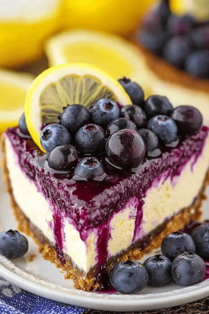 Slice of lemon blueberry cheesecake on a plate with blueberries and lemon zest