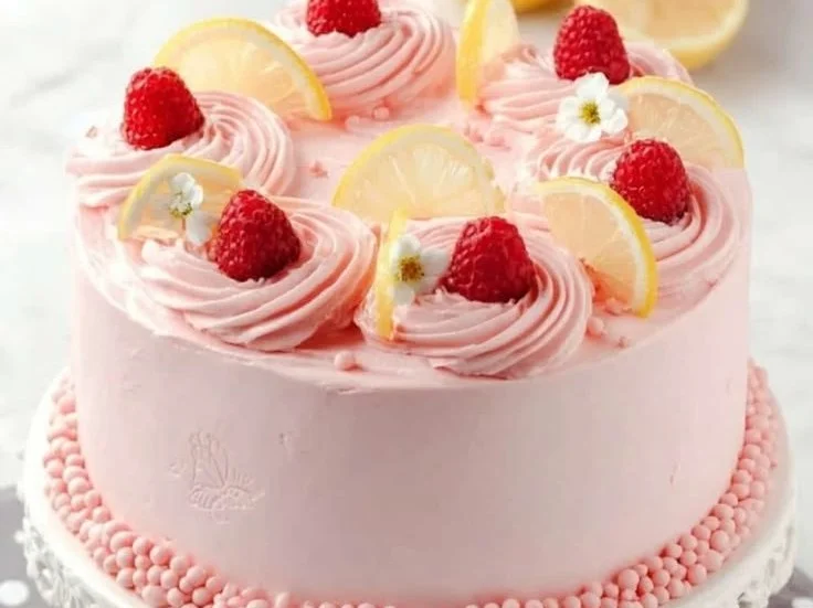 Lemon raspberry layer cake decorated with fresh raspberries and lemon zest.