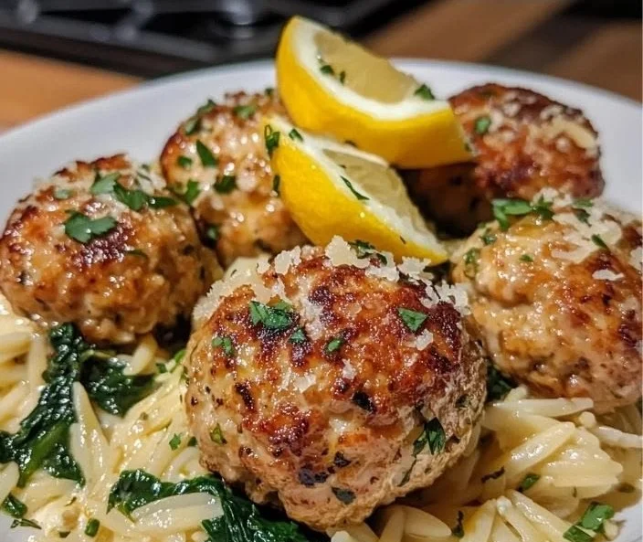 Lemony chicken ricotta meatballs served on garlic spinach orzo