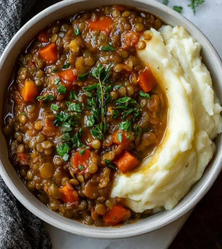 Delicious lentil stew served with creamy mashed potatoes