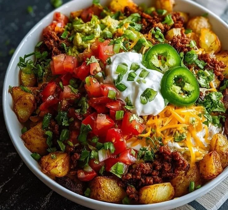 Loaded potato taco bowl with toppings like cheese, sour cream, and salsa.