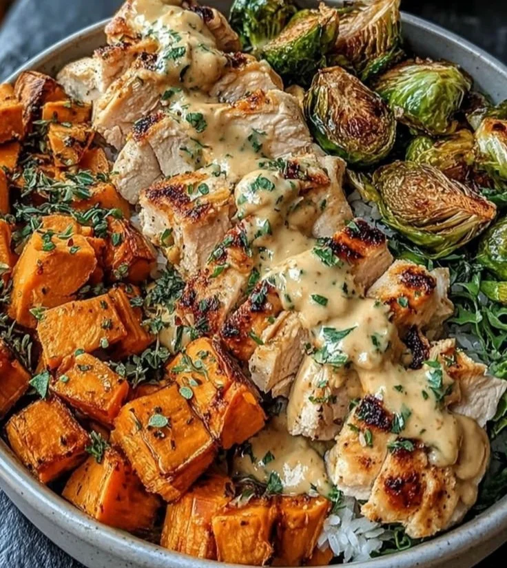 Maple Dijon Chicken Sweet Potato Bowls topped with fresh herbs