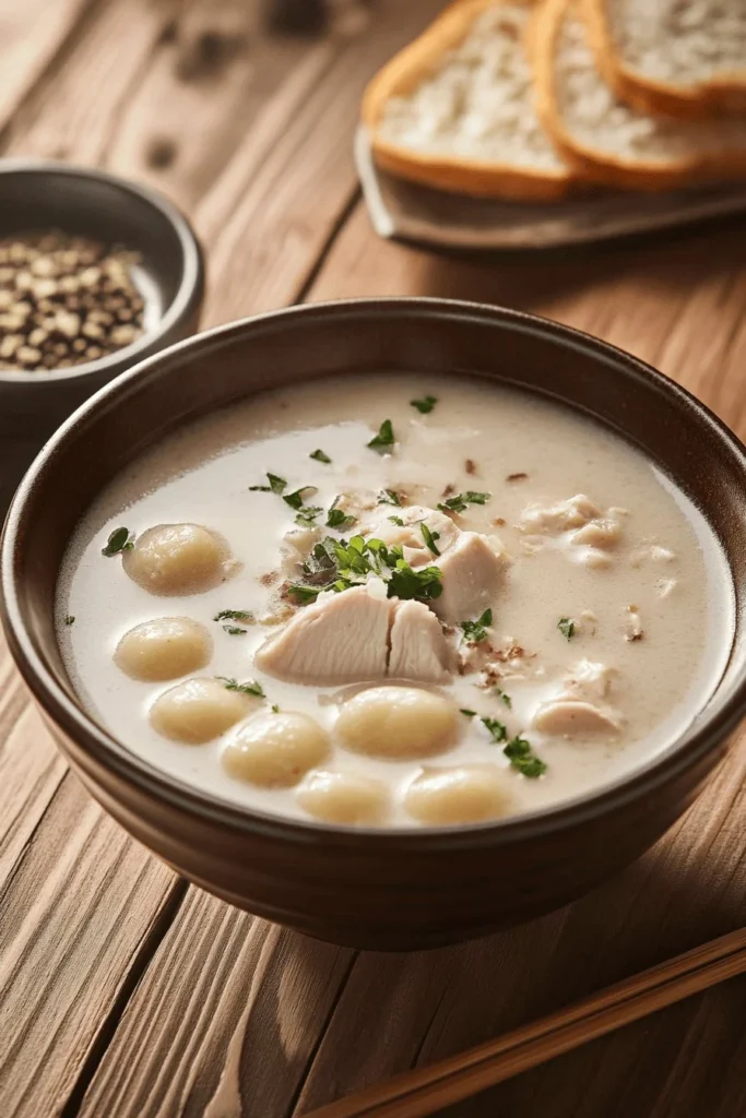 Bowl of Marry Me Chicken Gnocchi Soup topped with herbs