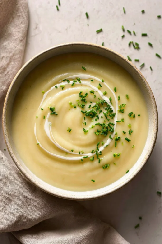 Creamy mashed potato soup served in a bowl with chives on top.