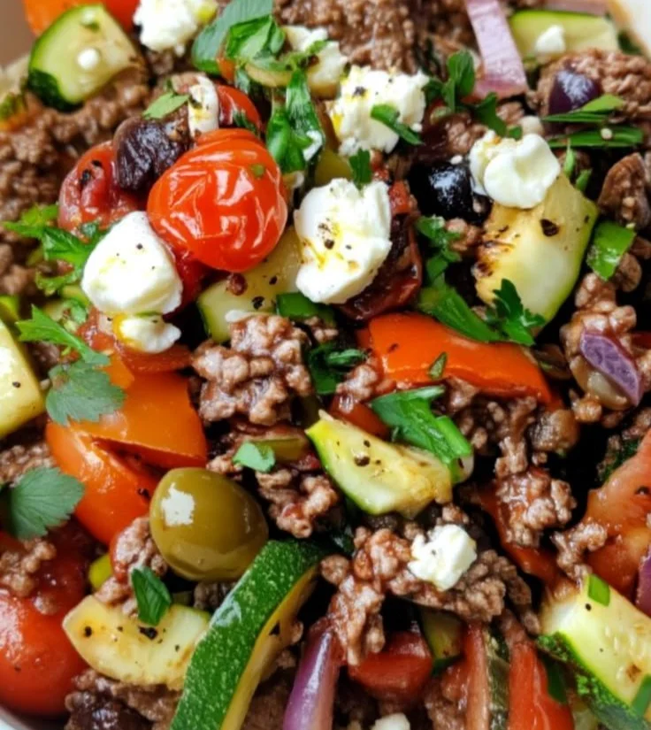 Delicious Mediterranean Beef Stir Fry with fresh vegetables and herbs