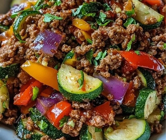Mediterranean ground beef stir fry with fresh vegetables in a skillet