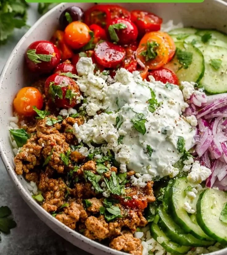 Mediterranean Ground Turkey Bowls with fresh veggies and seasonings