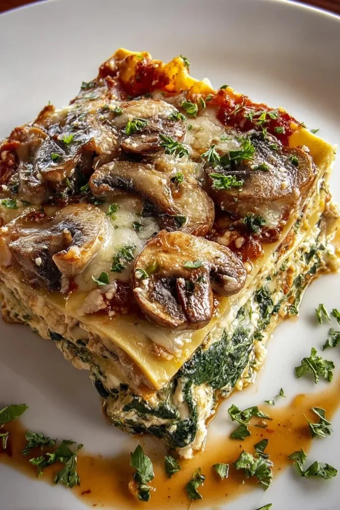 Delicious Mushroom Spinach Lasagna served on a plate with layers of cheese and vegetables.
