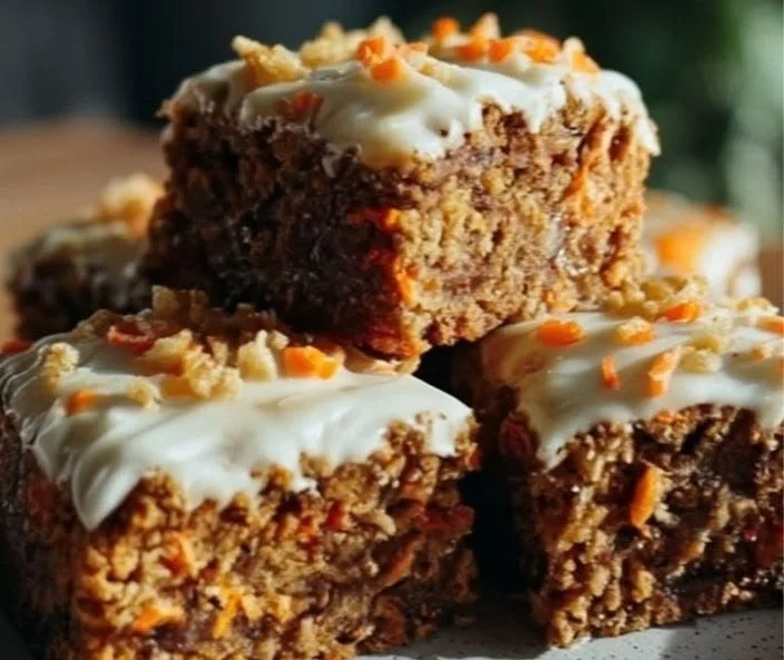 Delicious no sugar cottage cheese carrot cake bars on a wooden plate