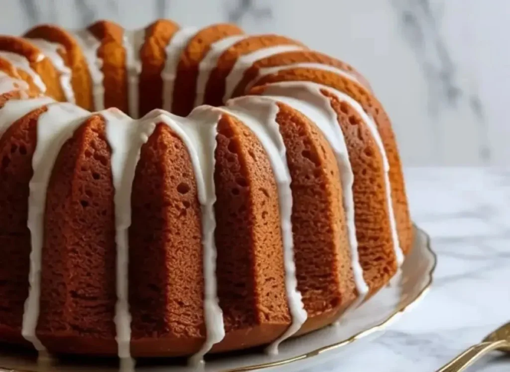Slice of Old-Fashioned Kentucky Butter Cake on a plate with butter and sauce