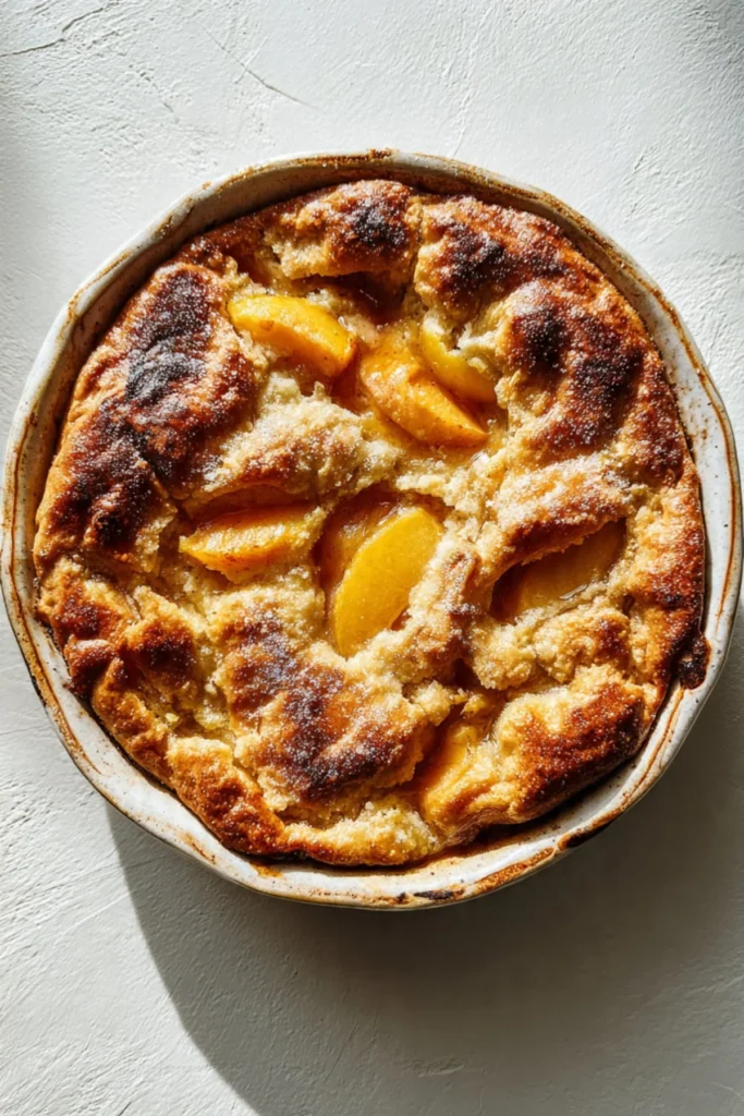 Delicious old fashioned peach cobbler served warm with ice cream on top.