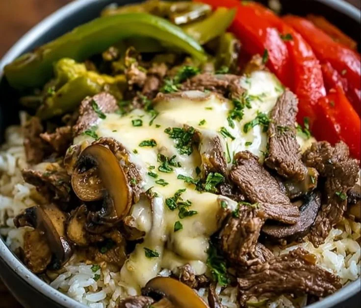 Delicious Philly Cheesesteak Bowls topped with cheese and steak served in a bowl
