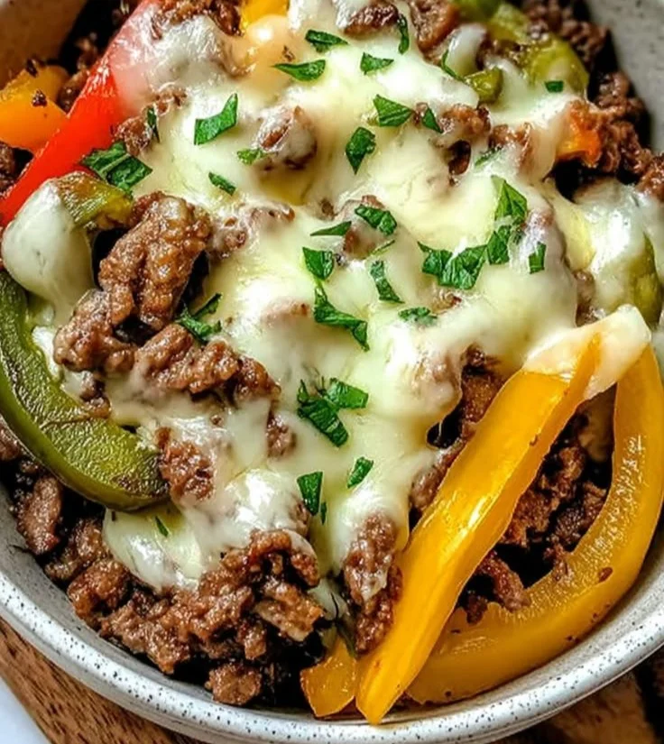 Delicious Philly Cheesesteak Bowls topped with cheese, peppers, and onions