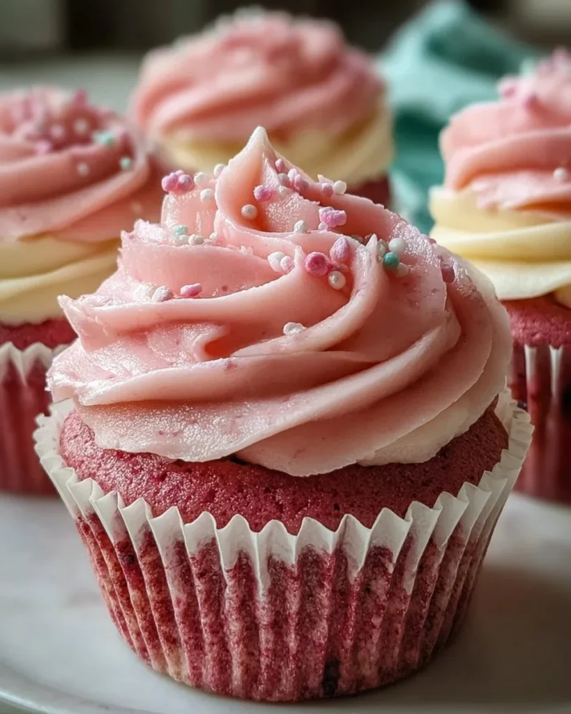 Delicious pink velvet cupcakes topped with creamy vanilla buttercream frosting.