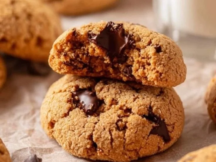 Delicious protein cookie with chocolate chips on a wooden table