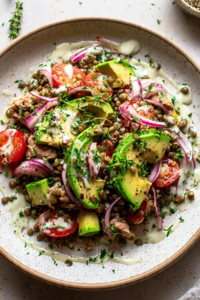 Quick Tuna Salad with lentils and avocado in a bowl