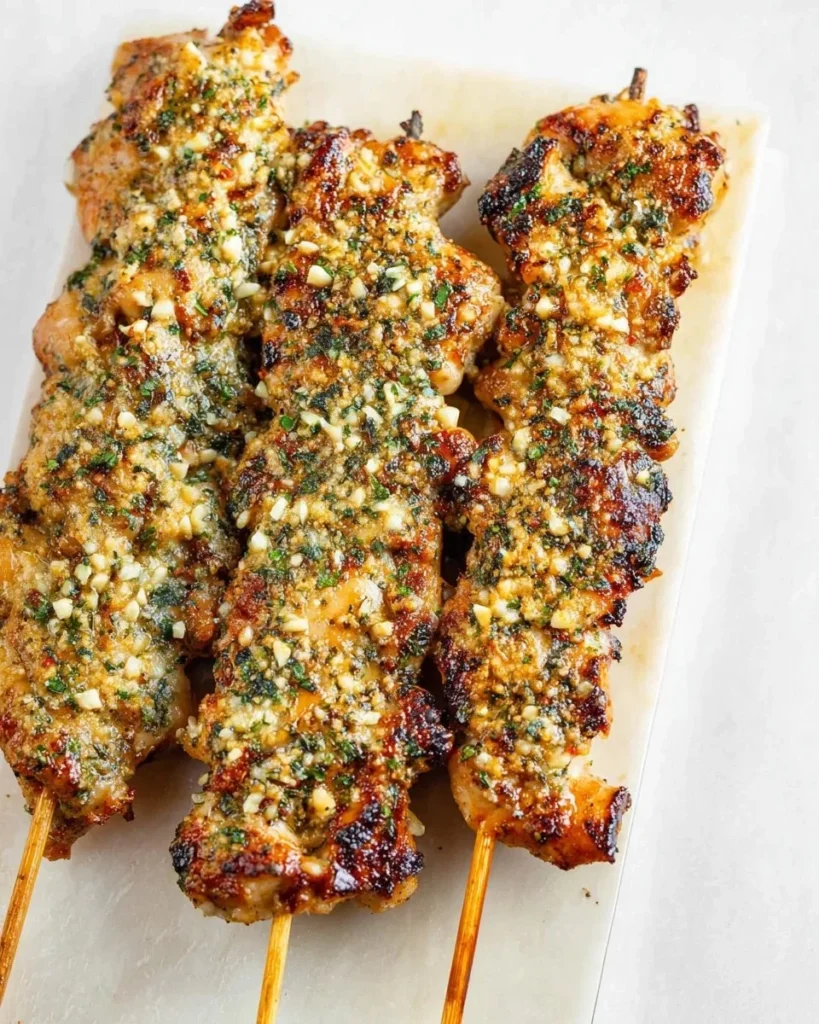 Delicious Ranch Garlic Parmesan Chicken Skewers ready for grilling