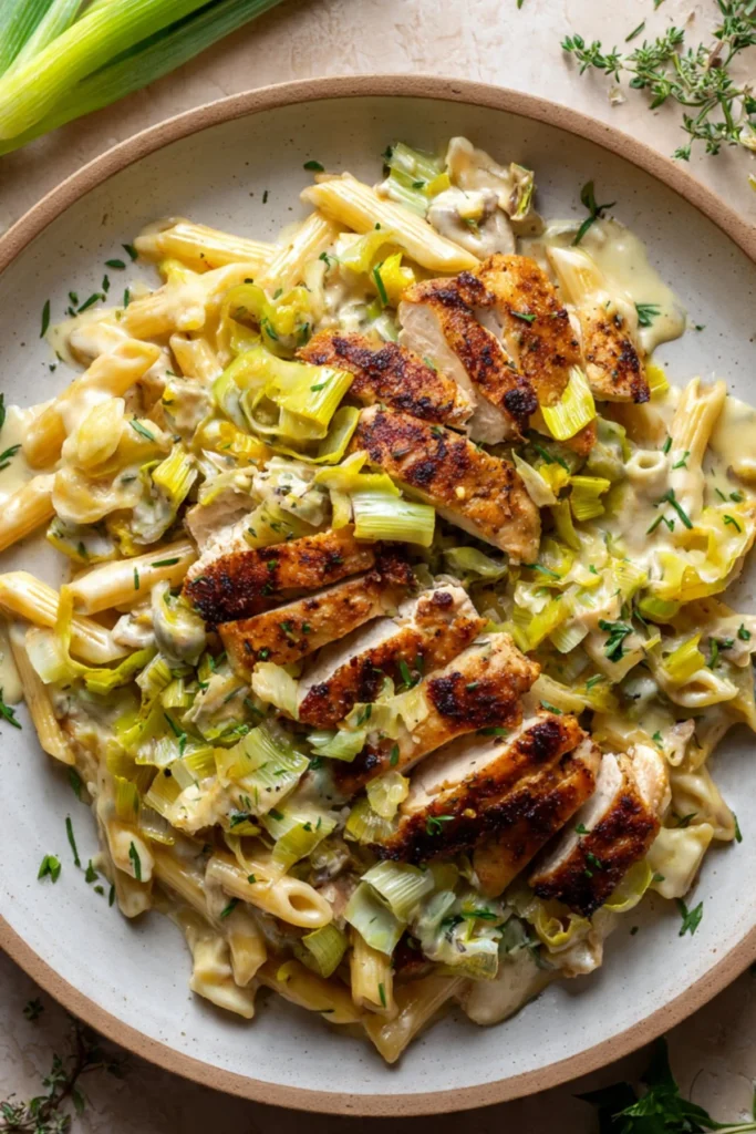 Delicious roast chicken with leek and penne pasta served on a plate