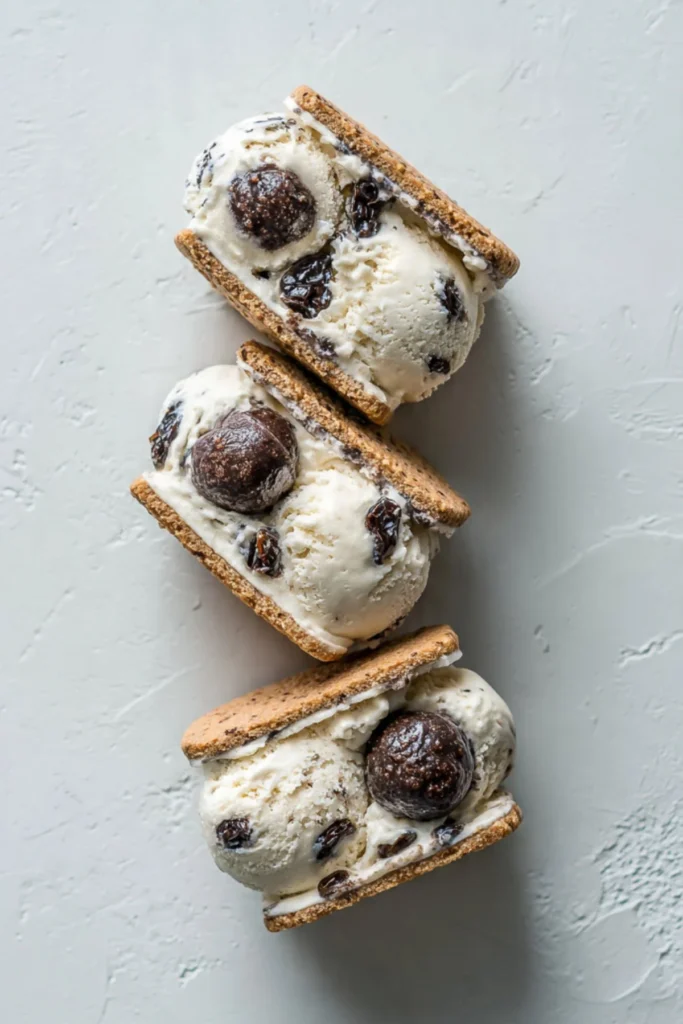 Delicious Rum and Raisin Rum Ball Ice Cream Sandwiches served on a platter