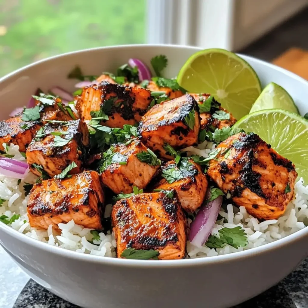 20-minute tandoori salmon rice bowls with vibrant vegetables served in a bowl