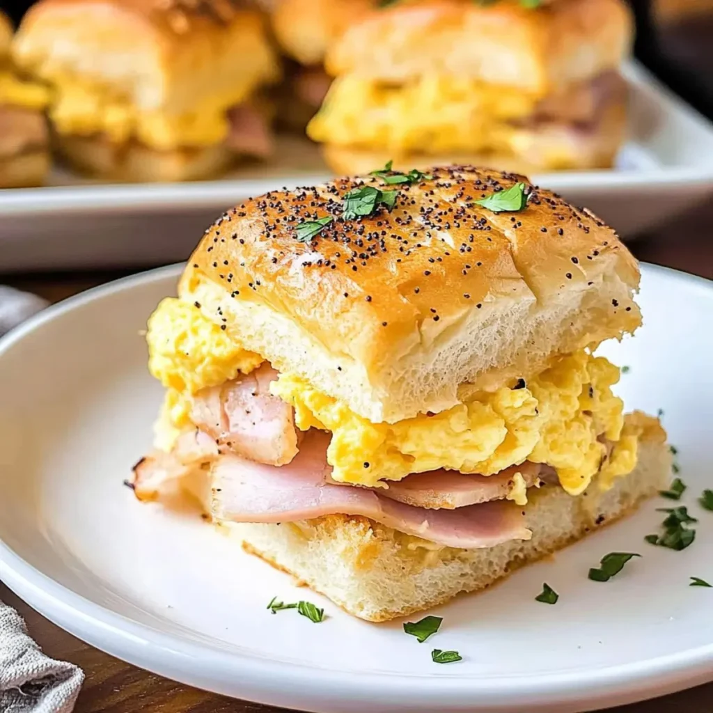 Savory Hawaiian roll breakfast sliders filled with eggs, cheese, and ham.