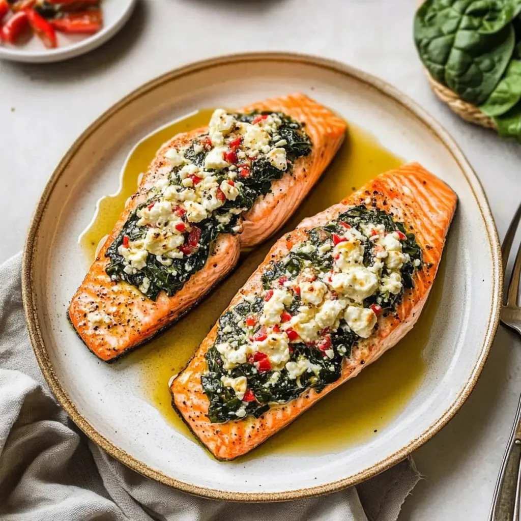 Savory stuffed salmon with spinach and feta for a quick healthy dinner