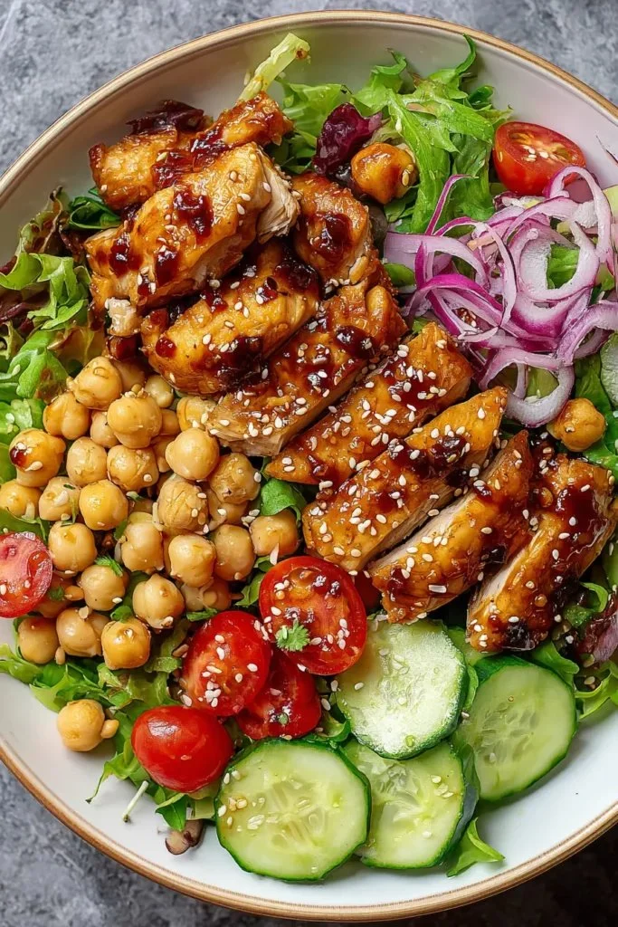 Sesame chicken served on a bed of chickpea salad, garnished with fresh vegetables.