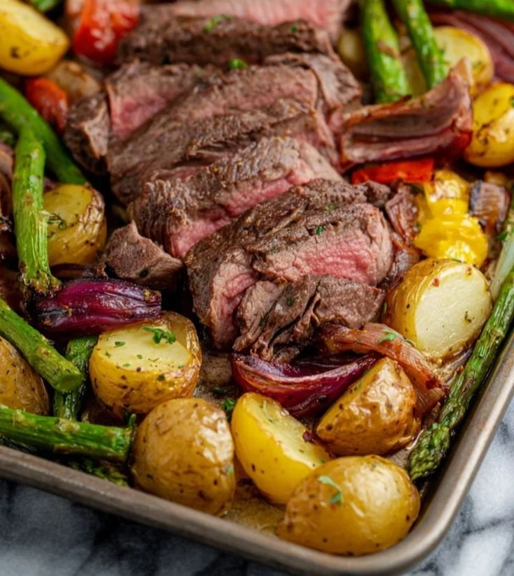 Sheet pan with cooked steak and vibrant roasted vegetables.