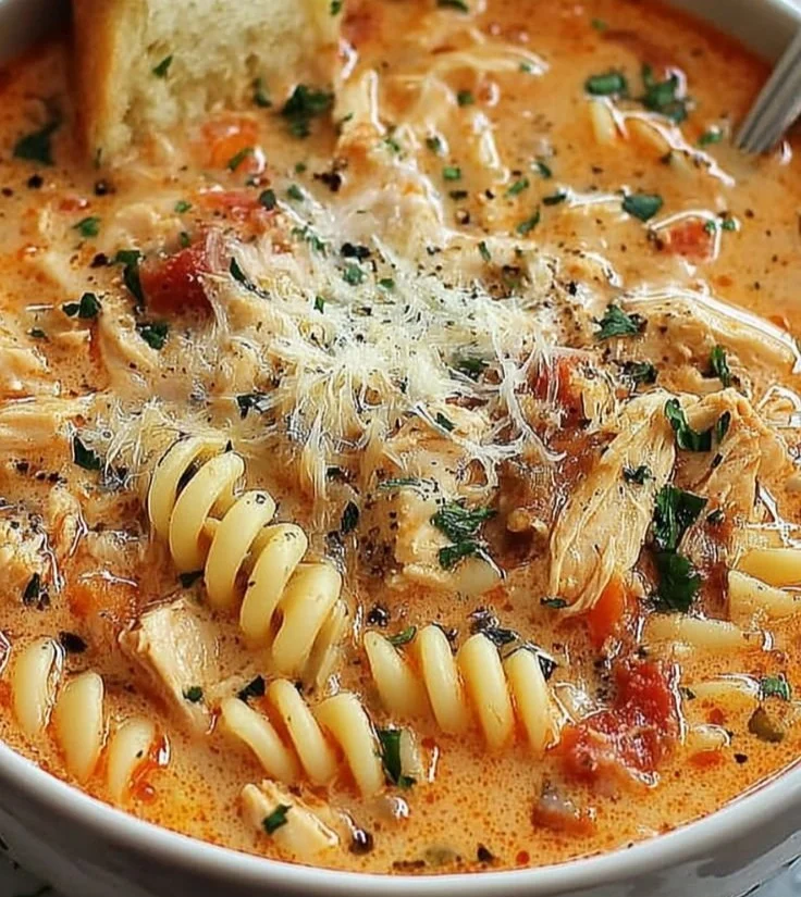 Bowl of slow-cooked chicken parmesan soup garnished with basil and cheese