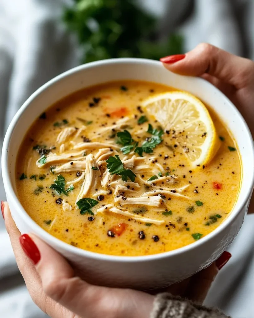 Bowl of slow cooked Thai chicken soup with herbs and spices