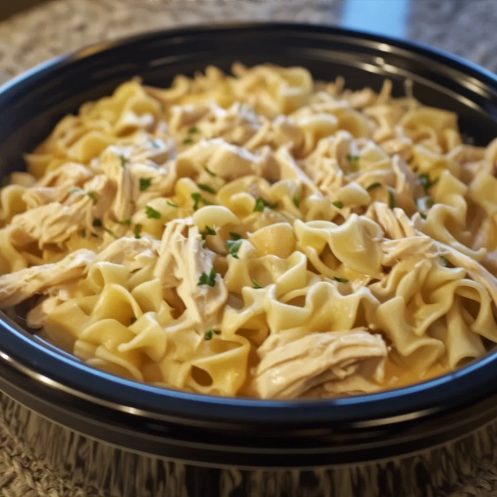 Delicious Slow Cooker Amish Chicken and Noodles served in a bowl.