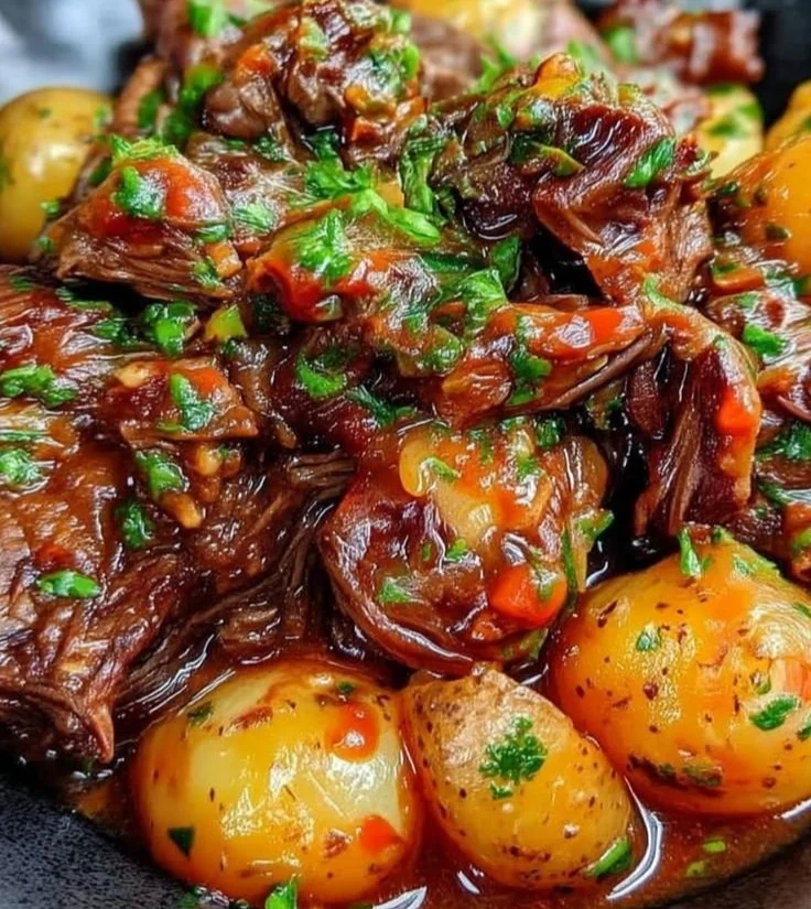 Slow Cooker Garlic Butter Beef served on a plate with herbs.