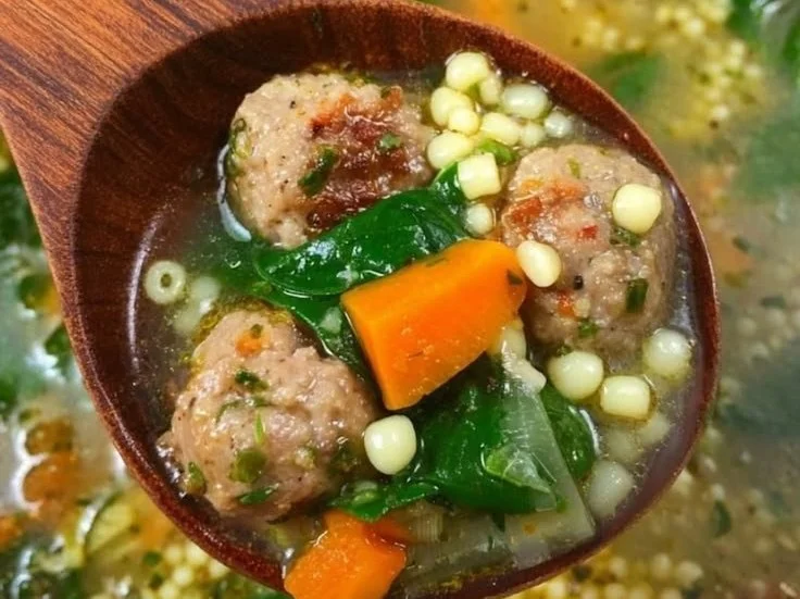 Bowl of Slow Cooker Italian Wedding Soup with Meatballs and fresh herbs