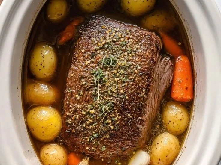 Slow cooker rump roast with vegetables recipe in a vibrant bowl