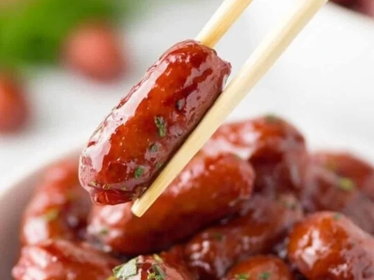 Slow cooker smokies with grape jelly served as a delicious appetizer