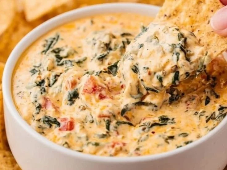 Delicious slow cooker spinach queso dip served in a bowl with tortilla chips