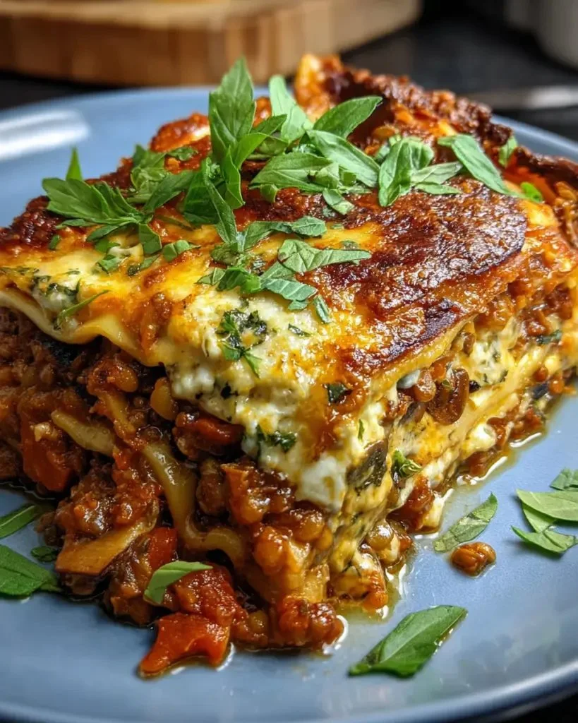 Smoky Veggie Lentil Lasagna with layers of vegetables and lentils baked to perfection