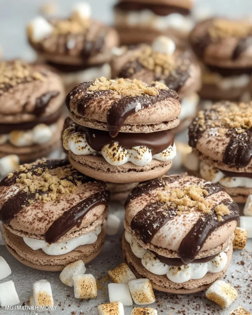 S'mores French Macarons decorated with chocolate and marshmallow filling