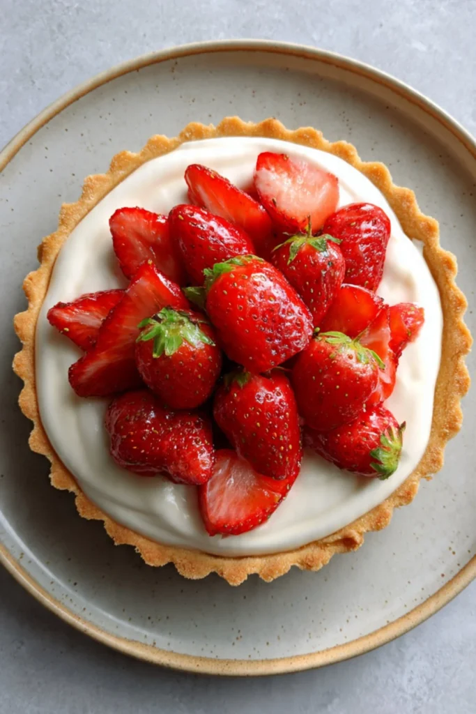 Soft tart with white chocolate cream and fresh strawberries on a dessert plate.