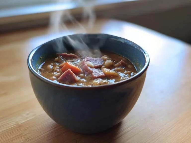 Bowl of delicious soulful ham and bean soup garnished with herbs