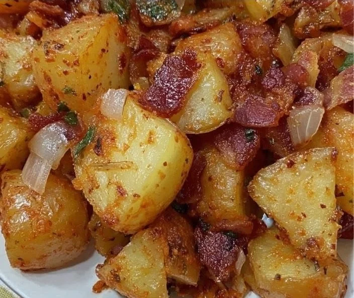 Southern Fried Potatoes with Bacon and Onions garnished on a plate