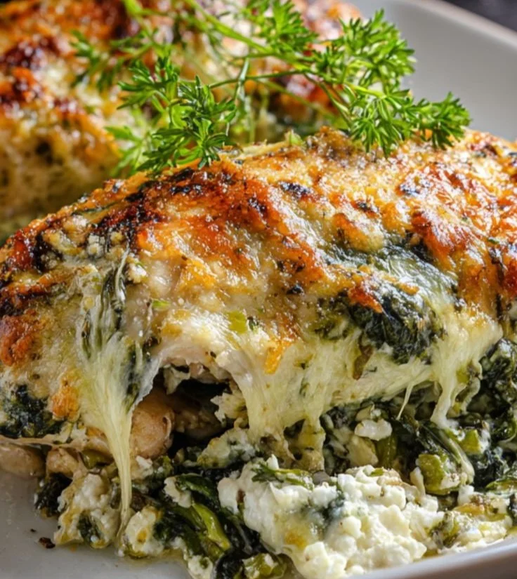 Plate of spinach and feta baked chicken with herbs and vegetables