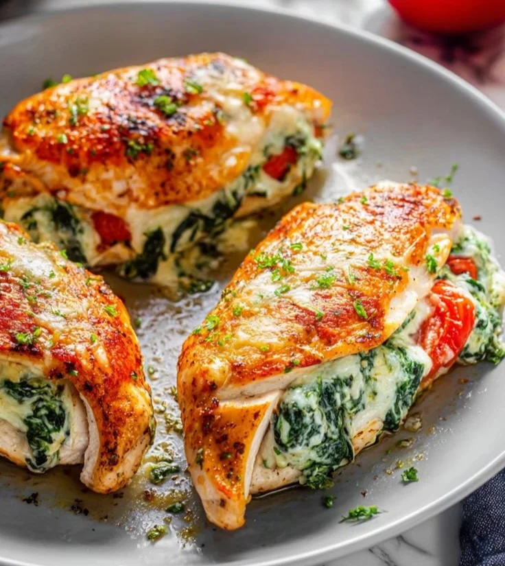 Spinach stuffed chicken breast topped with herbs and spices