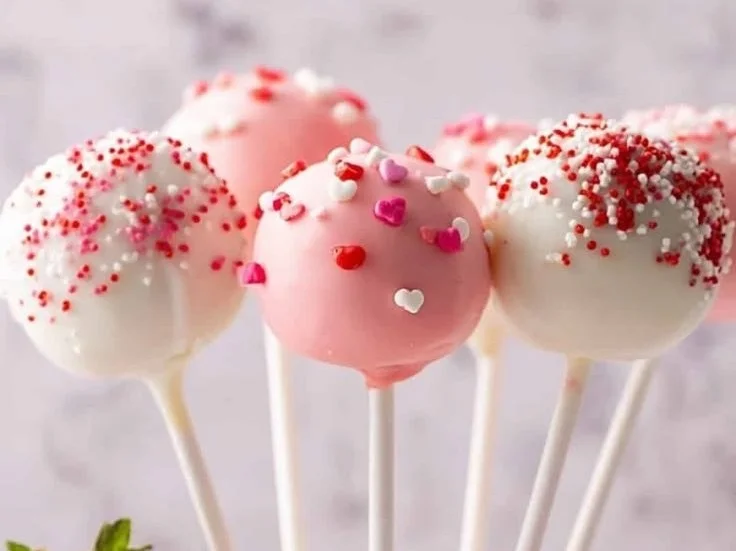 Delicious strawberry cake pops on a decorative platter.