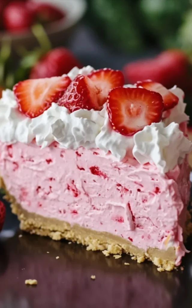 Delicious Strawberry Cool Whip Pie topped with fresh strawberries and whipped cream.