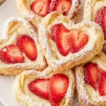 Strawberry cream cheese danish hearts freshly baked and garnished with strawberries.